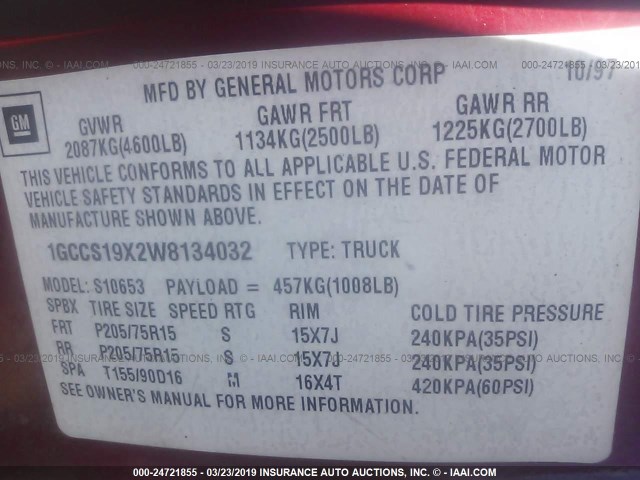 1GCCS19X2W8134032 - 1998 CHEVROLET S TRUCK S10 RED photo 9