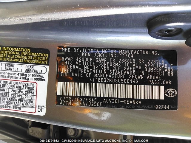 4T1BE32K05U506143 - 2005 TOYOTA CAMRY LE/XLE/SE GRAY photo 9