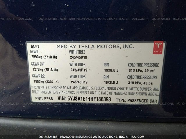 5YJSA1E14HF186393 - 2017 TESLA MODEL S BLUE photo 9