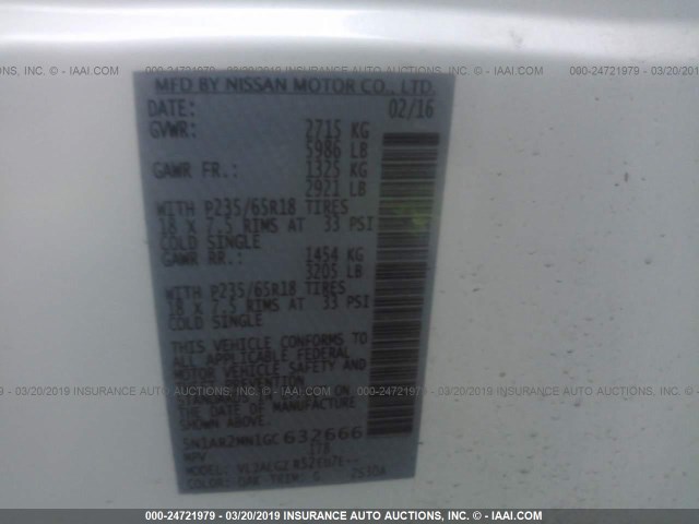 5N1AR2MN1GC632666 - 2016 NISSAN PATHFINDER S/SV/SL/PLATINUM WHITE photo 9