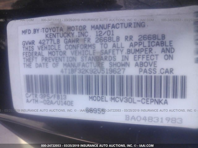 4T1BF32K92U519627 - 2002 TOYOTA CAMRY LE/XLE/SE PURPLE photo 9