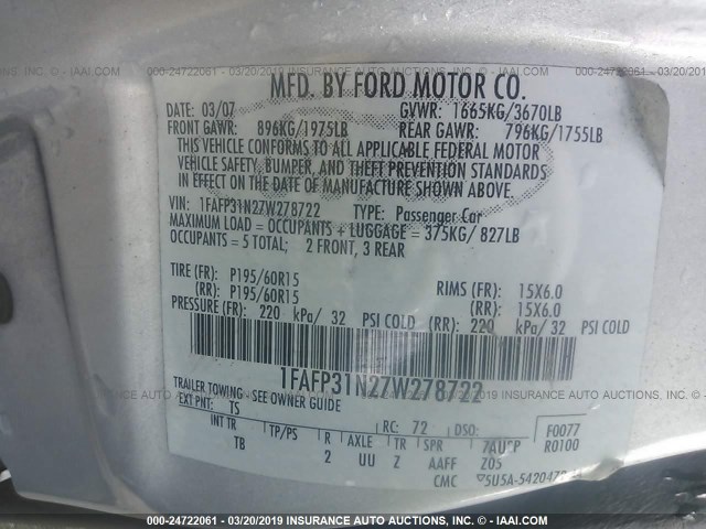 1FAFP31N27W278722 - 2007 FORD FOCUS ZX3/S/SE/SES SILVER photo 9