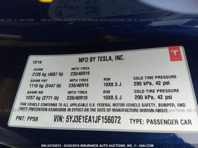 5YJ3E1EA1JF156072 - 2018 TESLA MODEL 3 BLUE photo 9