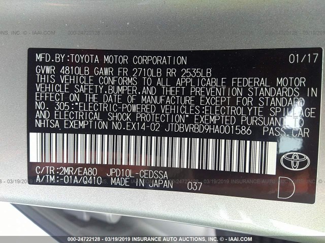 JTDBVRBD9HA001586 - 2017 TOYOTA MIRAI SILVER photo 9