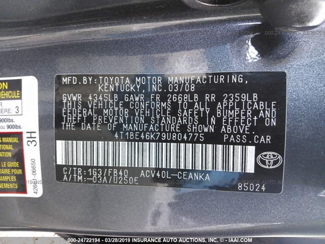 4T1BE46K79U804775 - 2009 TOYOTA CAMRY SE/LE/XLE GRAY photo 9