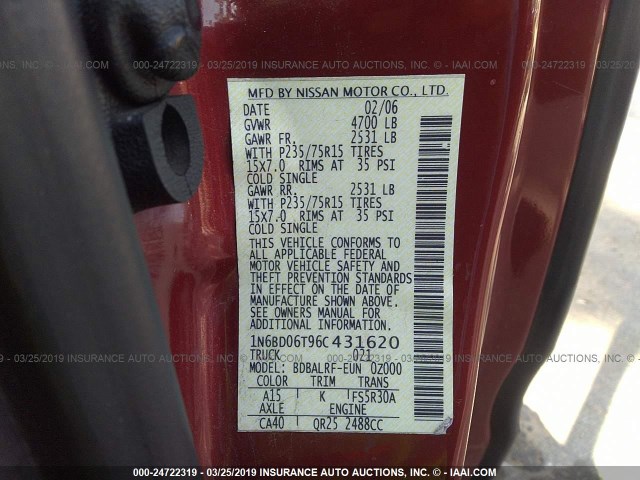 1N6BD06T96C431620 - 2006 NISSAN FRONTIER KING CAB XE RED photo 9