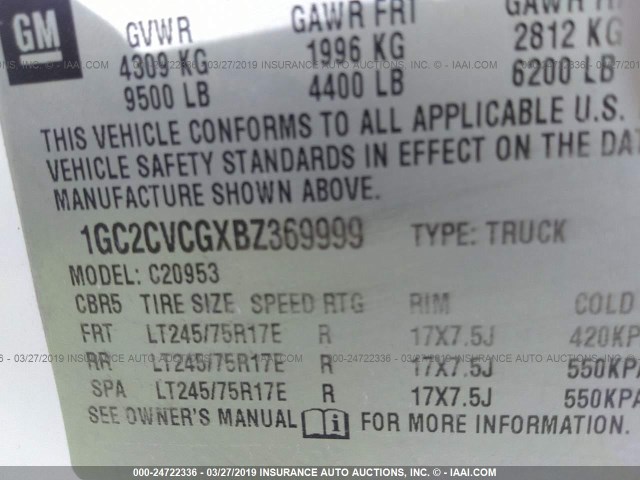 1GC2CVCGXBZ369999 - 2011 CHEVROLET SILVERADO C2500 HEAVY DUTY WHITE photo 9