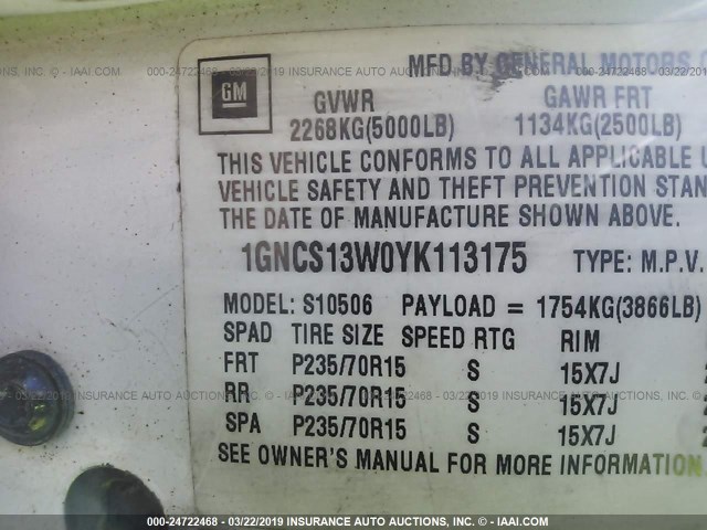 1GNCS13W0YK113175 - 2000 CHEVROLET BLAZER WHITE photo 9