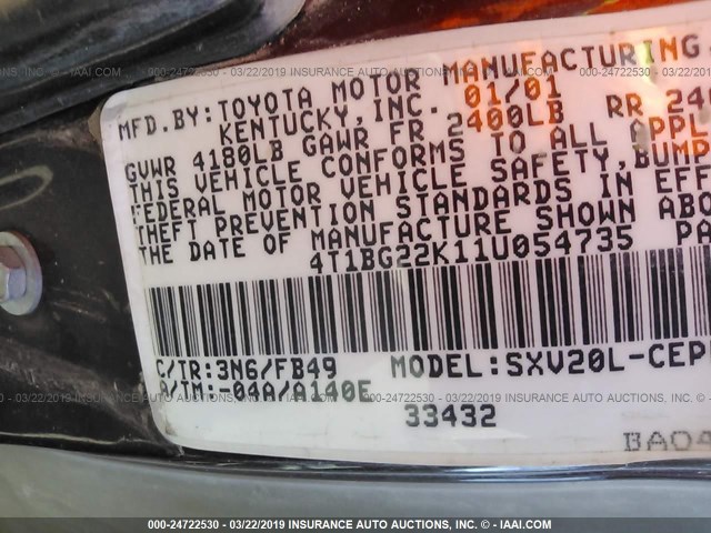 4T1BG22K11U054735 - 2001 TOYOTA CAMRY CE/LE/XLE RED photo 9