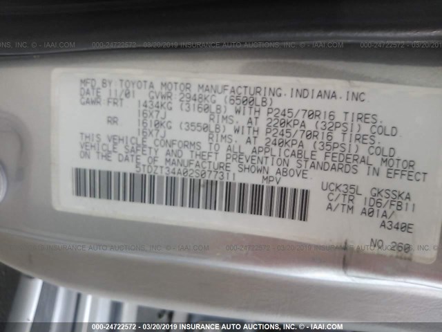 5TDZT34A02S077311 - 2002 TOYOTA SEQUOIA SR5 GRAY photo 9