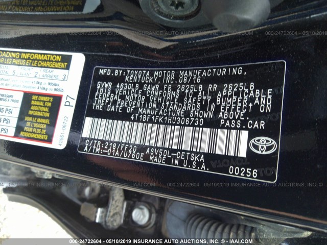 4T1BF1FK1HU306730 - 2017 TOYOTA CAMRY LE/XLE/SE/XSE BLACK photo 9