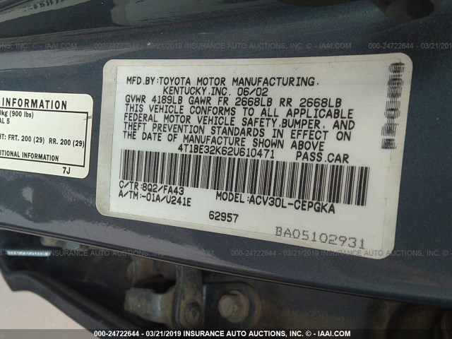 4T1BE32K62U610471 - 2002 TOYOTA CAMRY LE/XLE/SE BLUE photo 9