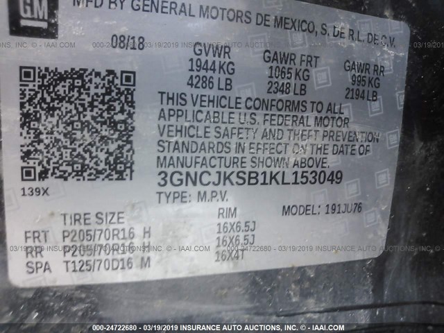 3GNCJKSB1KL153049 - 2019 CHEVROLET TRAX LS GRAY photo 9