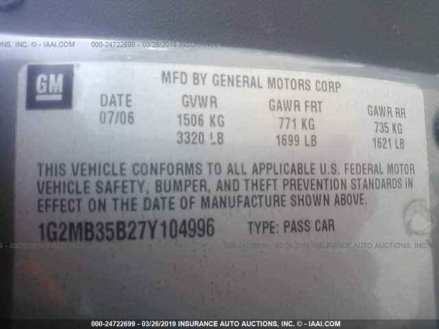 1G2MB35B27Y104996 - 2007 PONTIAC SOLSTICE GRAY photo 9