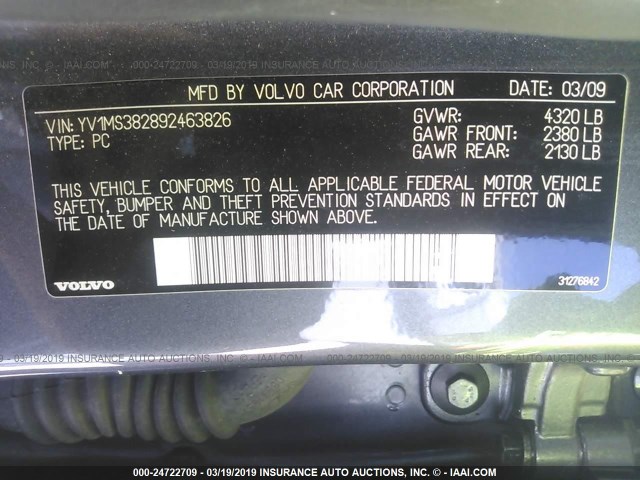 YV1MS382892463826 - 2009 VOLVO S40 2.4I BLUE photo 9