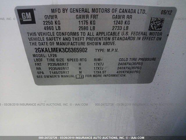 2GKALMEK3C6365902 - 2012 GMC TERRAIN SLE WHITE photo 9