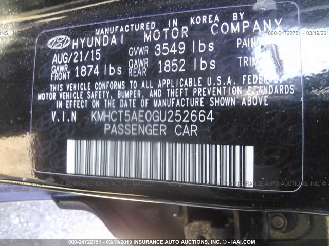 KMHCT5AE0GU252664 - 2016 HYUNDAI ACCENT SE BLACK photo 9