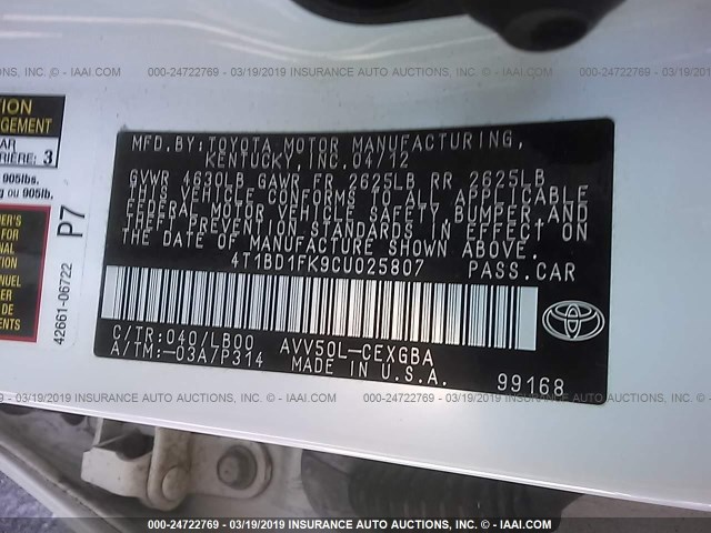 4T1BD1FK9CU025807 - 2012 TOYOTA CAMRY HYBRID/LE/XLE WHITE photo 9