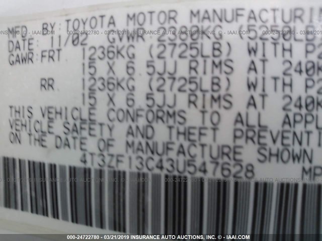 4T3ZF13C43U547628 - 2003 TOYOTA SIENNA LE/XLE WHITE photo 9