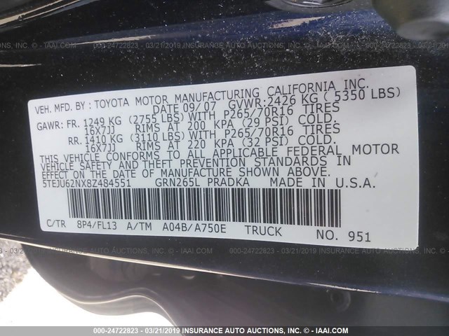 5TEJU62NX8Z484551 - 2008 TOYOTA TACOMA DOUBLE CAB PRERUNNER Dark Blue photo 9