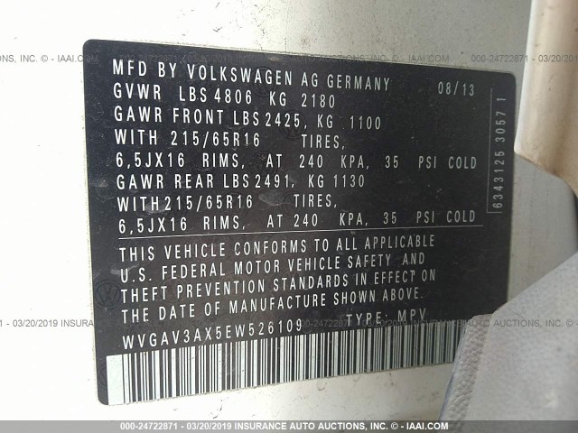 WVGAV3AX5EW526109 - 2014 VOLKSWAGEN TIGUAN S/SE/SEL/R-LINE WHITE photo 9