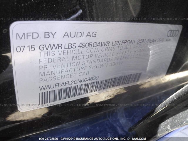 WAUFFAFL2GN008630 - 2016 AUDI A4 PREMIUM PLUS/S-LINE BLACK photo 9