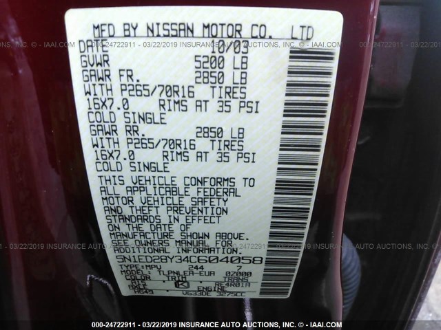 5N1ED28Y34C604058 - 2004 NISSAN XTERRA XE/SE RED photo 9