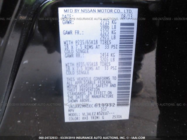 5N1AR2MN1EC619932 - 2014 NISSAN PATHFINDER S/SV/SL/PLATINUM BLACK photo 9