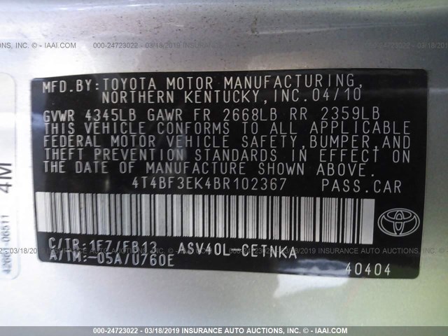 4T4BF3EK4BR102367 - 2011 TOYOTA CAMRY SE/LE/XLE SILVER photo 9