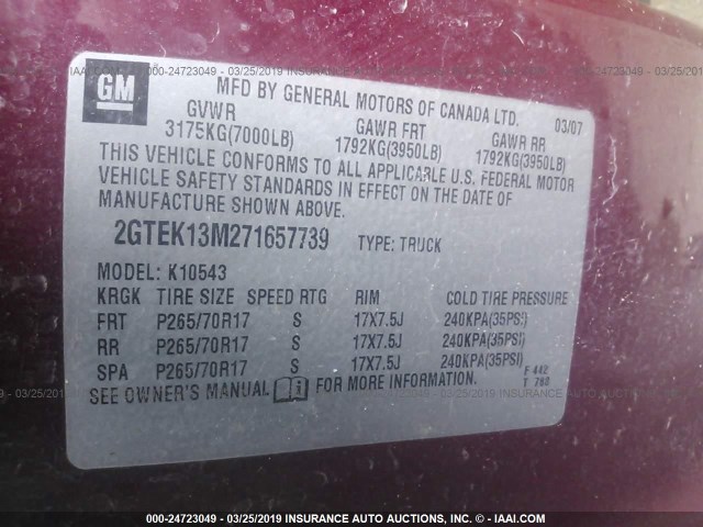 2GTEK13M271657739 - 2007 GMC NEW SIERRA K1500 MAROON photo 9