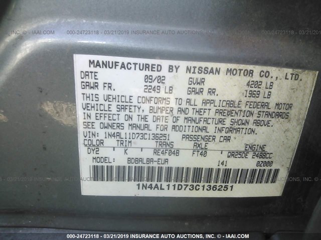 1N4AL11D73C136251 - 2003 NISSAN ALTIMA S/SL BLUE photo 9