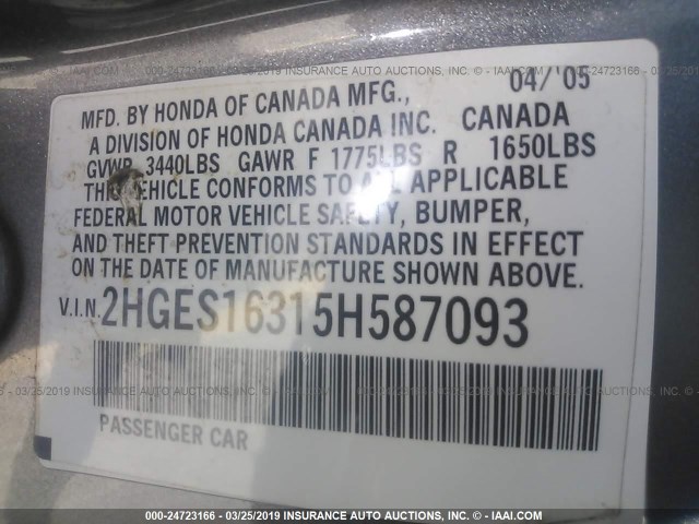 2HGES16315H587093 - 2005 HONDA CIVIC DX VP Boz foto 9