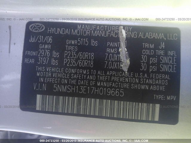 5NMSH13E17H019665 - 2007 HYUNDAI SANTA FE SE/LIMITED SILVER photo 9