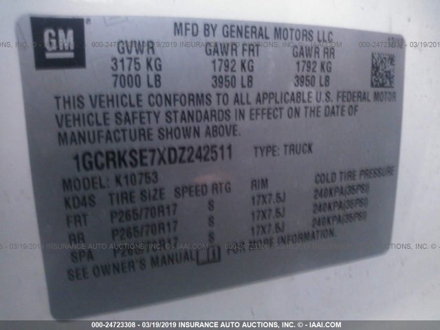 1GCRKSE7XDZ242511 - 2013 CHEVROLET SILVERADO K1500 LT 白色 照片 9