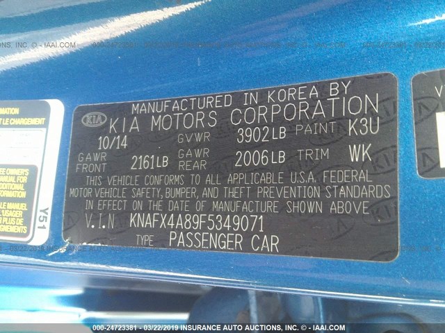 KNAFX4A89F5349071 - 2015 KIA FORTE EX BLUE photo 9