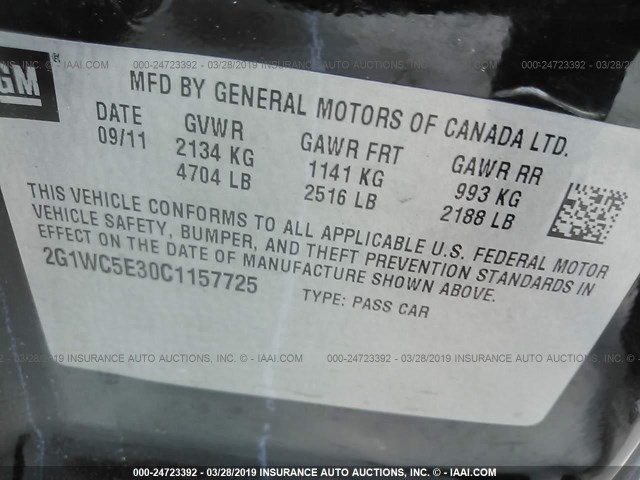 2G1WC5E30C1157725 - 2012 CHEVROLET IMPALA LTZ BLACK photo 9