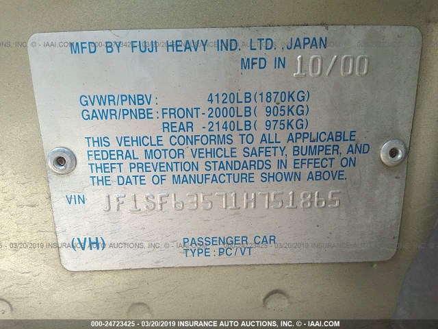 JF1SF63571H751865 - 2001 SUBARU FORESTER L GOLD photo 9