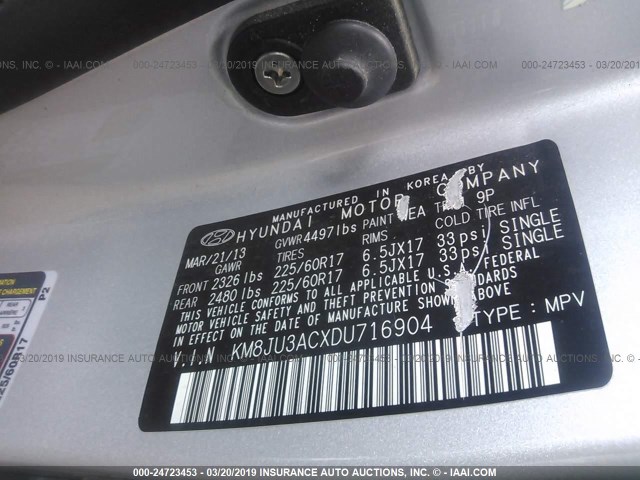 KM8JU3ACXDU716904 - 2013 HYUNDAI TUCSON GLS/LIMITED Күміс фото 9