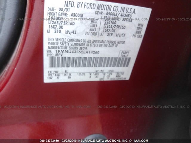 1FMNU43S62EA14260 - 2002 FORD EXCURSION LIMITED RED photo 9