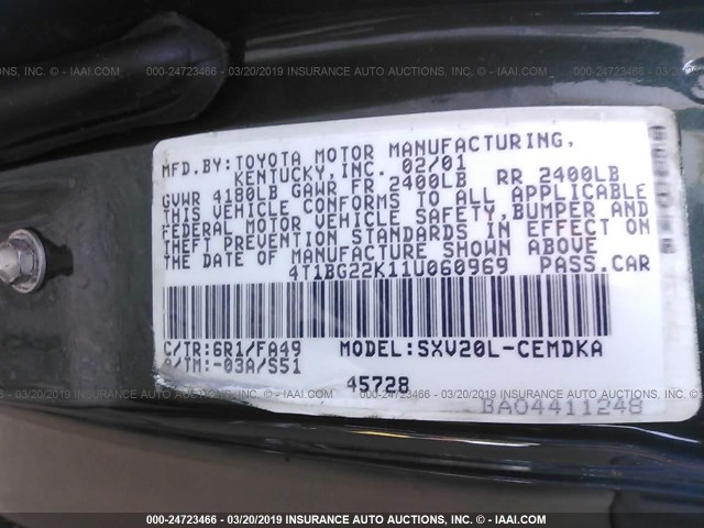 4T1BG22K11U060969 - 2001 TOYOTA CAMRY CE/LE/XLE GREEN photo 9