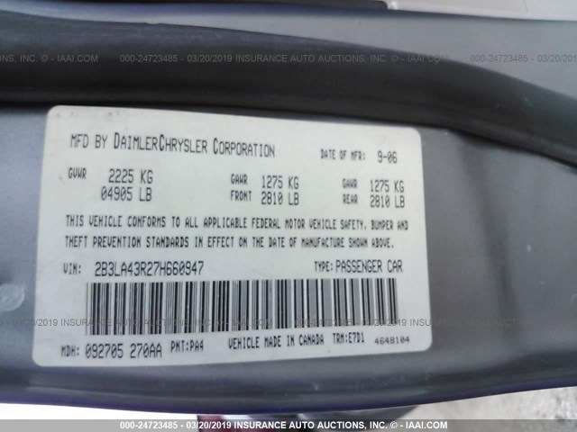 2B3LA43R27H660947 - 2007 DODGE CHARGER SE/SXT PURPLE photo 9