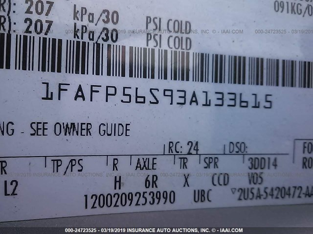 1FAFP56S93A133615 - 2003 FORD TAURUS SEL SILVER photo 9