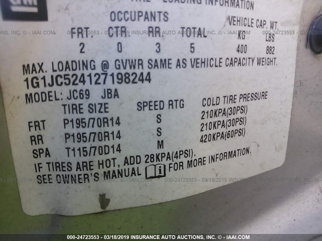 1G1JC524127198244 - 2002 CHEVROLET CAVALIER CNG SILVER photo 9