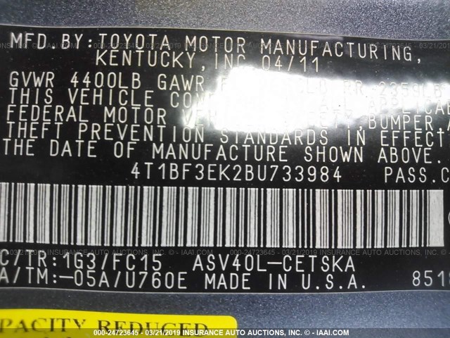 4T1BF3EK2BU733984 - 2011 TOYOTA CAMRY SE/LE/XLE GRAY photo 9