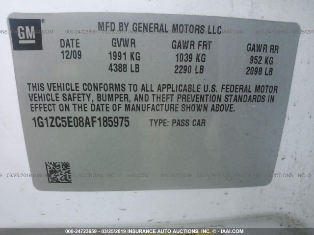 1G1ZC5E08AF185975 - 2010 CHEVROLET MALIBU 1LT 白色 照片 9