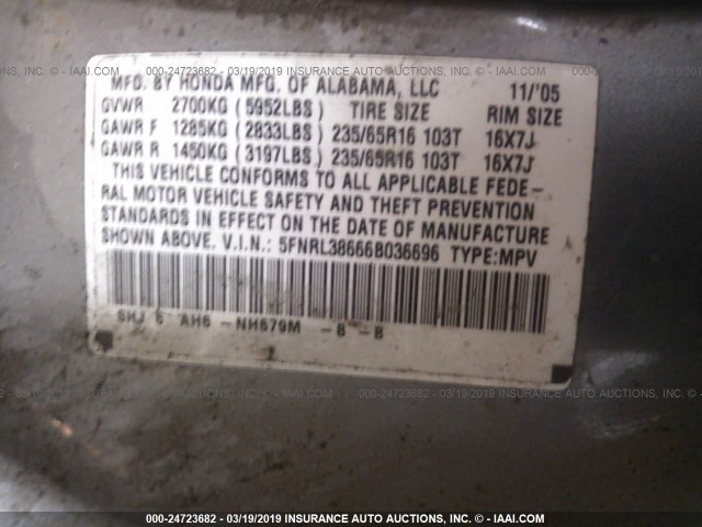 5FNRL38666B036696 - 2006 HONDA ODYSSEY EXL SILVER photo 9