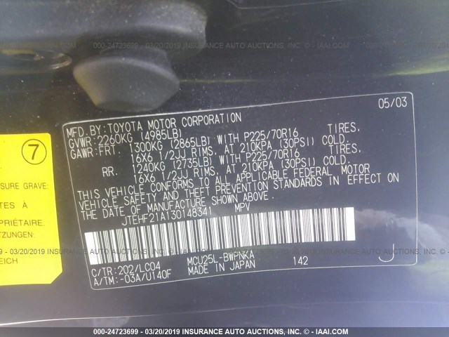 JTEHF21A130148341 - 2003 TOYOTA HIGHLANDER LIMITED BLACK photo 9