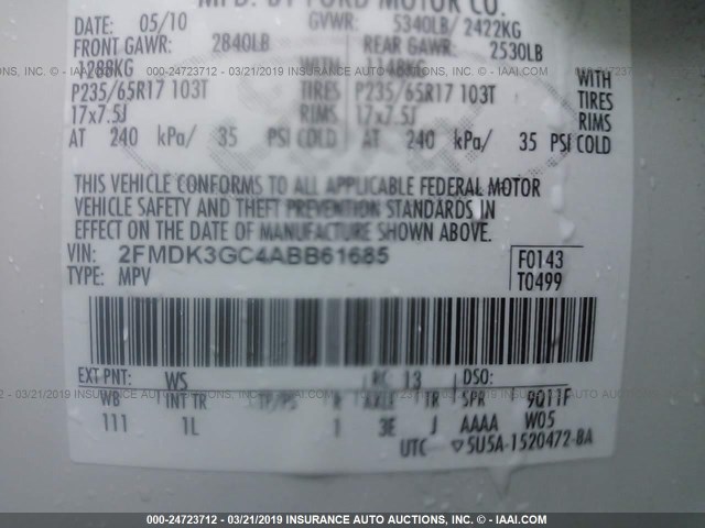 2FMDK3GC4ABB61685 - 2010 FORD EDGE SE WHITE photo 9