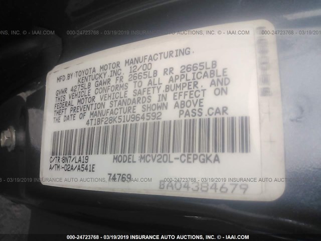 4T1BF28K51U964592 - 2001 TOYOTA CAMRY LE/XLE BLUE photo 9