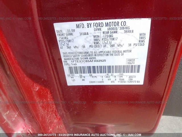 1FTEX1C85AFA92925 - 2010 FORD F150 SUPER CAB RED photo 9